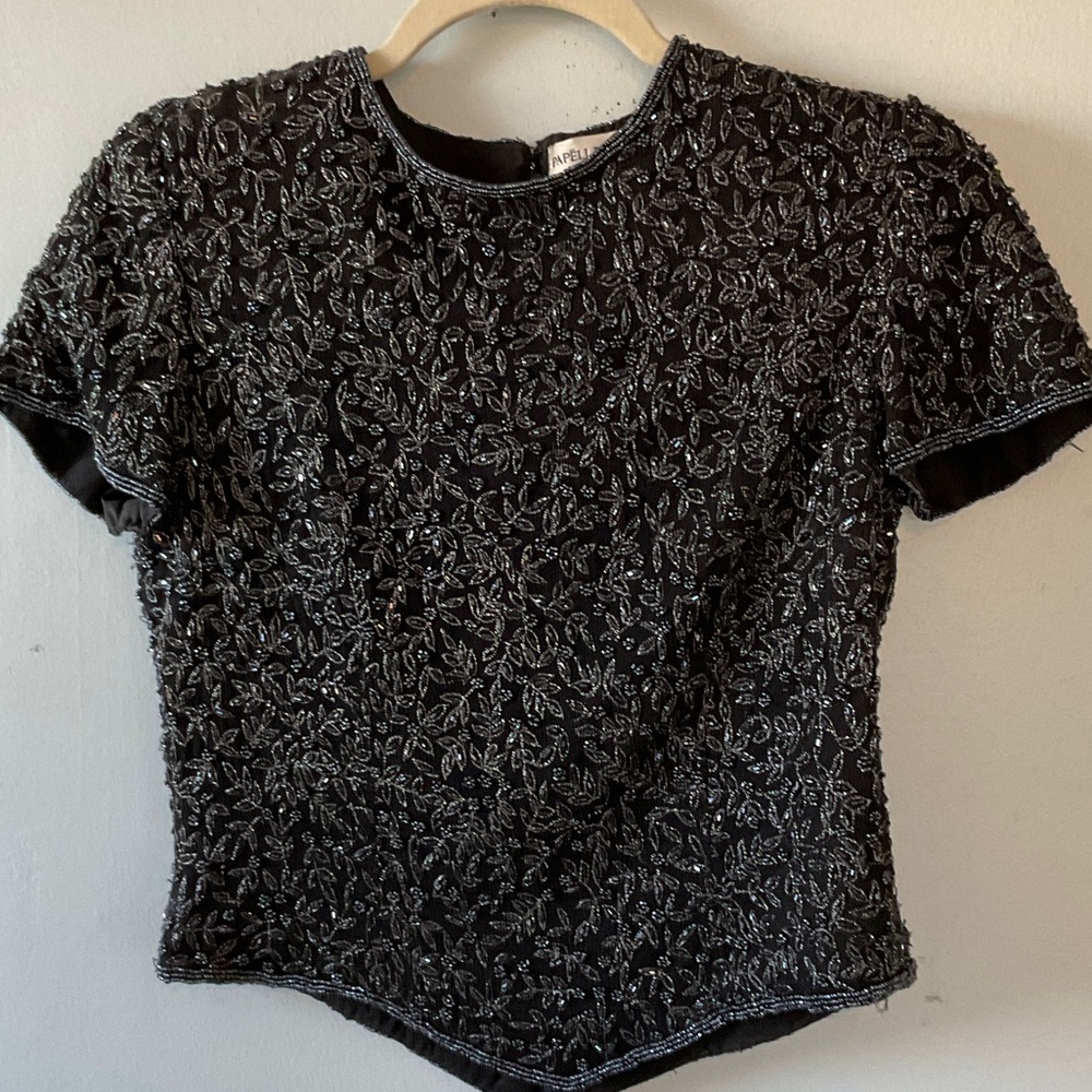 Papell Boutique Black and Silver Short Sleeve Formal Top
